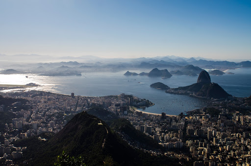 View of the Dona Marta observatory with foggy Guanabara Bay and Serra do Mar mountain ranges