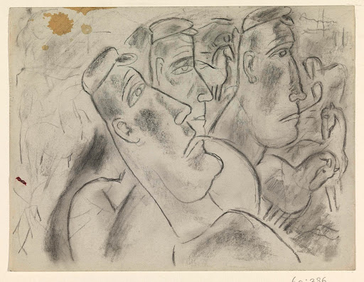 Drie boeren in een weiland met paarden