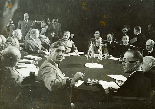 Potsdam Conference table. Front: Churchill and Eden