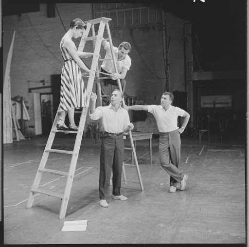 Arthur Laurents, Jerome Robbins, Larry Kert, and Carol Lawrence in rehearsal for West Side Story.