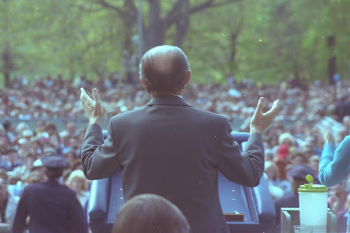 Prime Minister Menachem Begin delivering a speech to a group of Jews, Central Park, New York