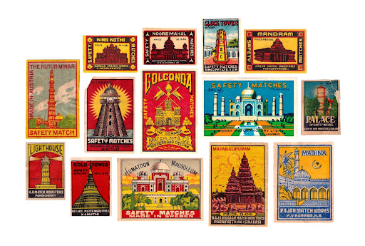 माचिस के लेबलों पर पुरानी इमारतें