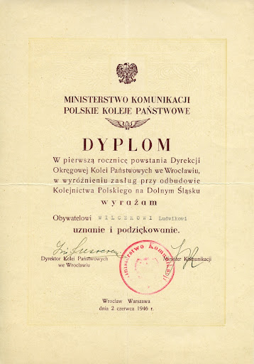 Dyplom za udział w odbudowie kolejnictwa dolnośląskiego