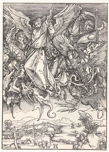 Aartsengel Michaël en zijn engelen bestrijden enkele draken