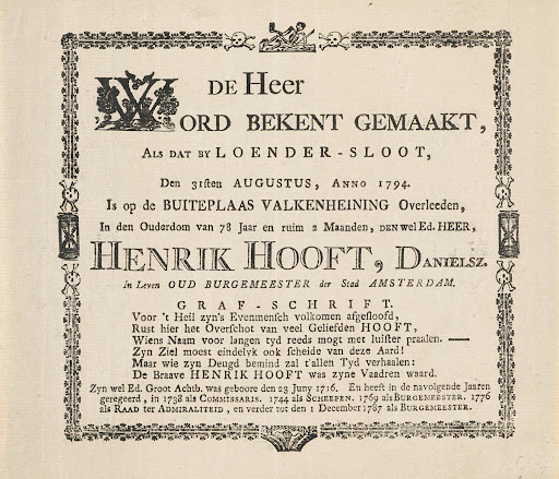Bekendmaking van het overlijden van Hendrik Danielsz. Hooft, 1794