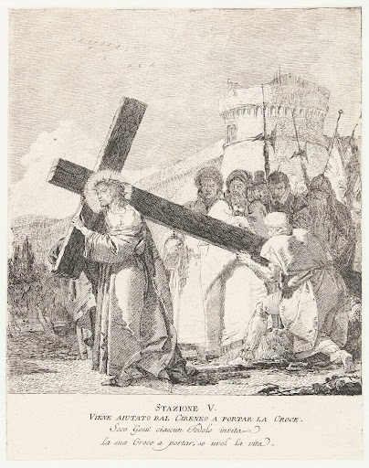 Simon van Cyrene helpt Christus met dragen kruis