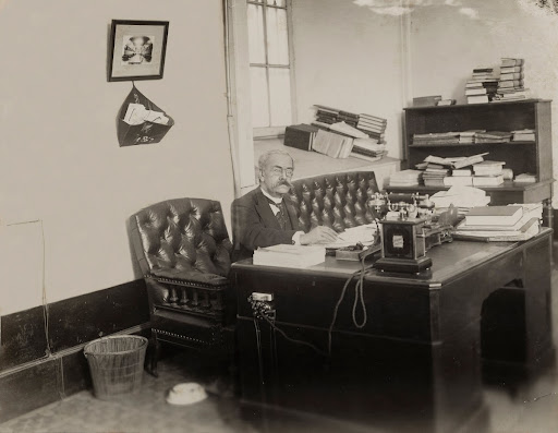 [Ricardo Palma in his office at the National Library of Peru]