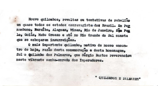 Trechos do texto da peça “Do Carnaval ao Quilombo”, de autoria coletiva do Grupo Palmares