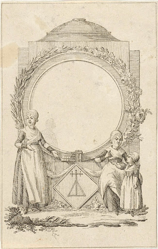 Vignet met vrouwen en meisje bij medaillon