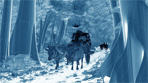 Visualising Angkor: wireframe render of an oxcart convoy