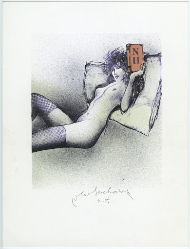 248. Bookplate. N. H. /B. I./ (Norbert Hillerbrandt). Recumbent female nude holding book with letters NH.
