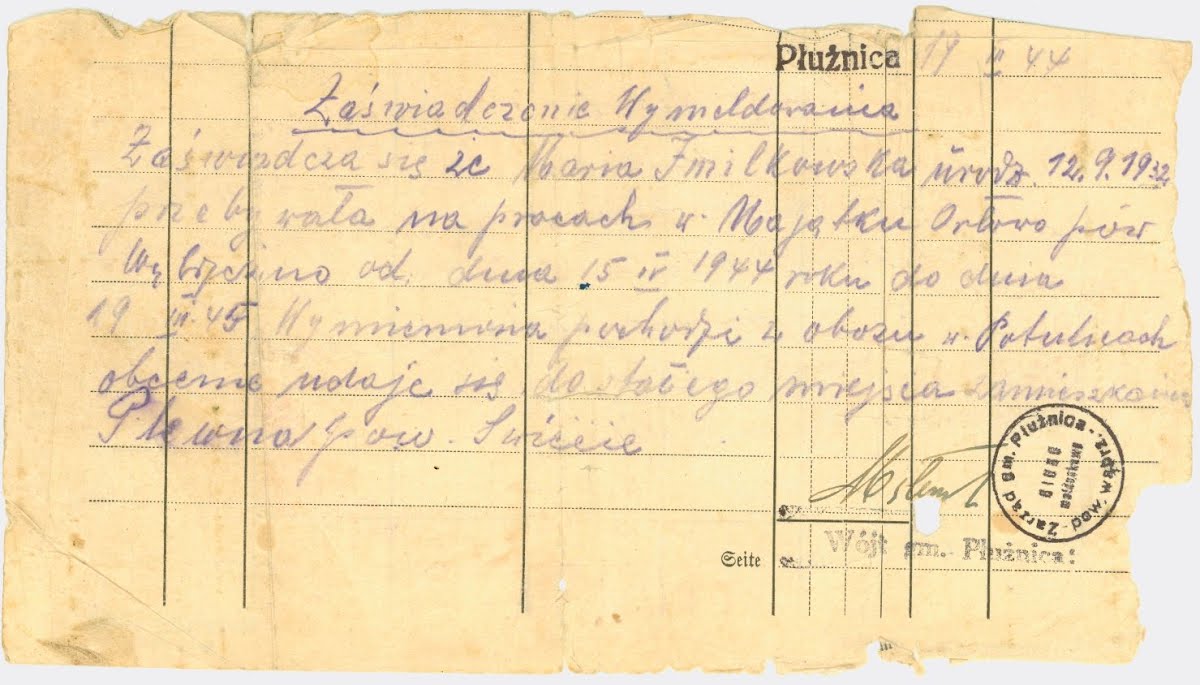 Maria Imiłkowska’s deregistration certificate from the Orłowo estate