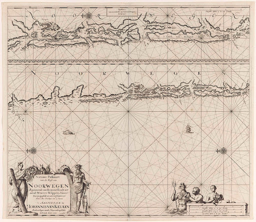 Paskaart van een gedeelte van de kust van Noorwegen in de omgeving van Bergen