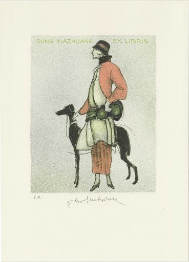 380. Bookplate. DONG XIAZHUANG. Lady with greyhound.