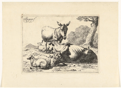 Staande ezel en liggende koe met drie schapen