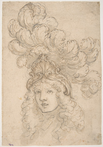 View in 3/4 of a Design for a Headpiece Decorated with a Shell and Large Plume