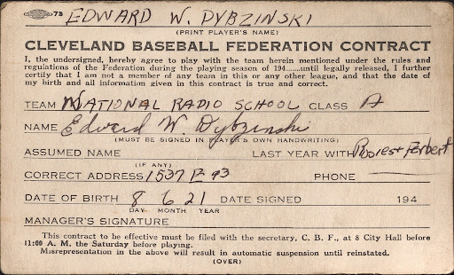 Edward W. Dybzinski Contract Card Edward W. Dybzinski Card Back