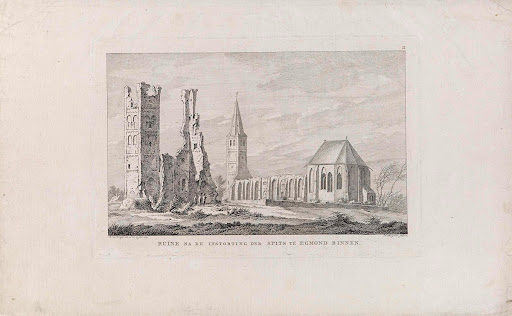 Ingestorte toren van de Abdijkerk te Egmond, 1799