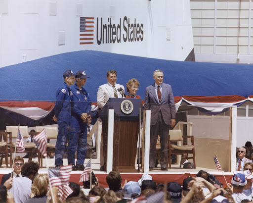 President Ronald Reagan speaks to a crowd of more than 45,000 people at NASA's Dryden Flight Research Center following the landing of STS-4 on July 4, 1982