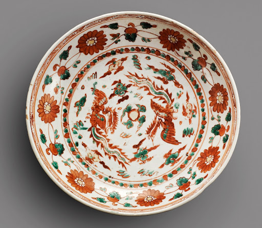Dish with Design of Paired Phoenixes, Over-glaze Enamels