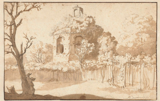 Landschap met ruïne en tekenaar