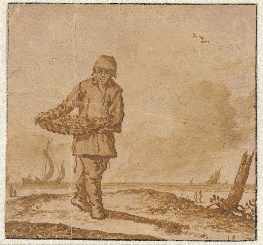 Visser met een vismand op het strand