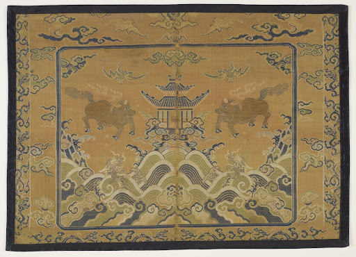 Section of a chair cover with a pavilion, bats, horses, fish-dragons, waves, and clouds