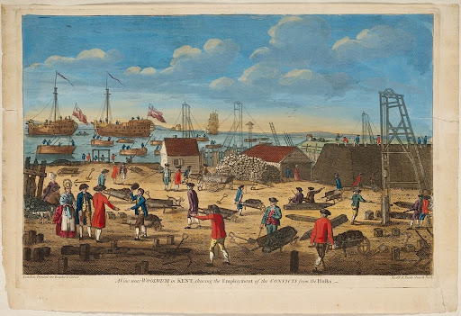 View near Woolwich in Kent shewing [sic] the employment of the convicts from the hulks, ca. 1800, hand coloured engraving printed for Bowles & Carver.