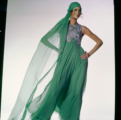 Editha Dussler in a Green Silk Chiffon Dress, Vogue
