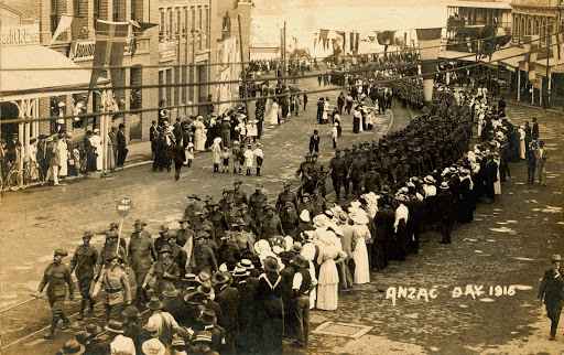 Anzac Day procession through the streets of Brisbane