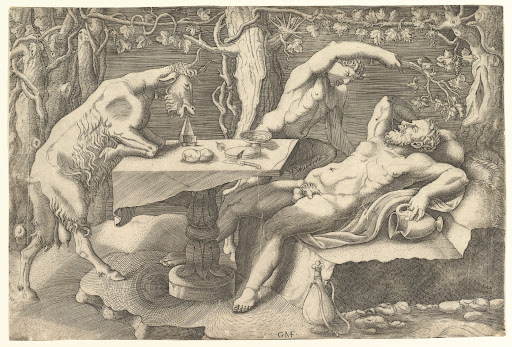 Silenus sleeping at right, taunted by a Satyr, and a Goat climbing on a table at left