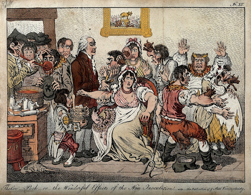 Edward Jenner vaccinating patients in the Smallpox and Inoculation Hospital at St. Pancras: the patients develop features of cows.