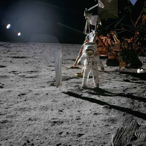 Apollo 11 Mission image - Astronaut Edwin Aldrin stands beside t