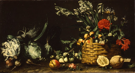 Still lif with con plants and a basket with flowers and fruits