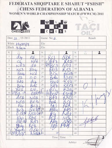 Scoresheet of Game 6 of the 2011 Women's World Championship Match between Hou Yifan and Humpy Koneru. Koneru's handwriting