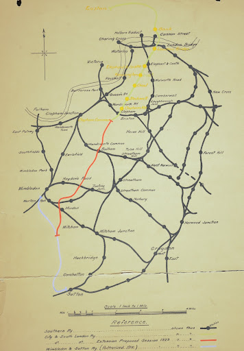 Map of Railways of South London including City and South London Extension to Wimbledon