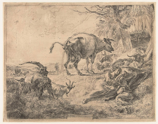 Slapende herdersfamilie en rustend vee