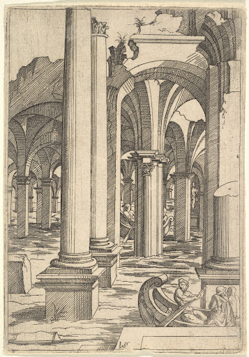 Boats Rowed Through Inundated Ruins