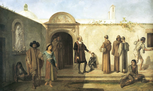 Cristóbal Colón y su hijo Diego solicitan hospitalidad en el convento franciscano de Santa María de La Rábida (España) (Cristóbal Colón con su hijo en el patio del Convento de La Rábida)