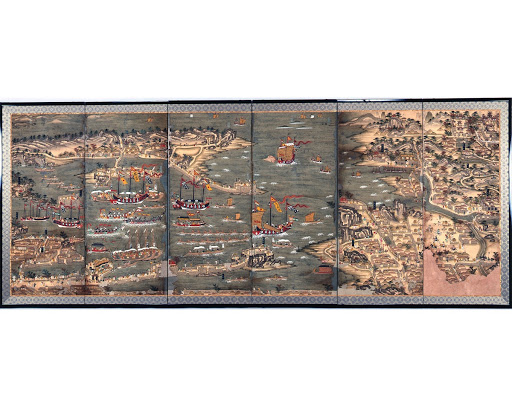 Ryukyu Koekiko Zubyobu (Folding screen with a picture of a trading port in Ryukyu)