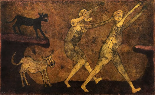 Dos personajes atacados por perros