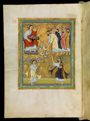 The elders pay homage to Christ. Sample of the Bamberg Apocalypse