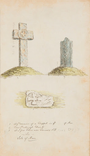 Watercolour drawings of a carved cross and two carved slabs