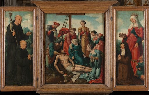 Triptych with the Lamentation of Christ (center), flanked by the male Donor with Saint Benedict (left, inner wing) and female Donor with Saint Elizabeth of Thuringia (right, inner wing)