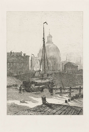 Het Singel te Amsterdam met vastgevroren turfpraam