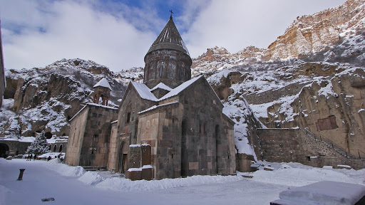 Rock-cut churches in the snow from the Monastery of Geghard