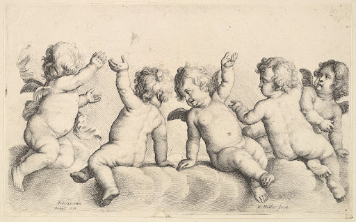 Three cherubs and two boys on clouds