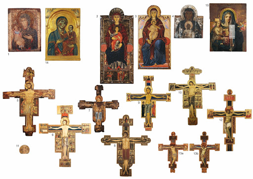 [1] Madonna of Santa Chiara, [2] Madonna di Casale, Maestro di Greve, [3] Madonna del Bigallo, [4] Madonna di Rosano, [5] Croce of San Paolo all'Orto, [6] Croce di San Sepolcro, [7] Croce dei Servi, [8] Croce della Zecca, [9] Croce di Berlinghiero di Melanese, [10] Croce n. 20, [11] Halo of the croce of Santa Cecilia, fragment, [12] Croce di San Ranierino di Giunta Pisano, (13a) Croce processionale di San Benedetto, main side, (13b) Croce processionale di San Benedetto, back side, [14] Madonna con il Bambino tra Angeli, [15] Madonna del Maestro della Maddalena, fragment