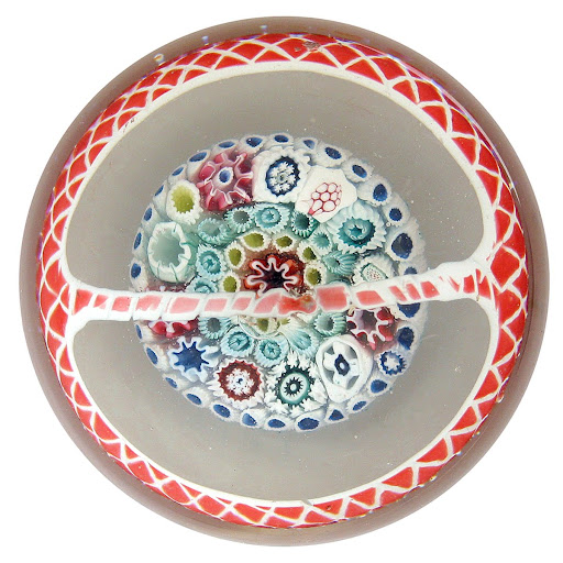 Encased Double Overlay Cut Basket with Concentric Millefiori Mushroom Paperweight