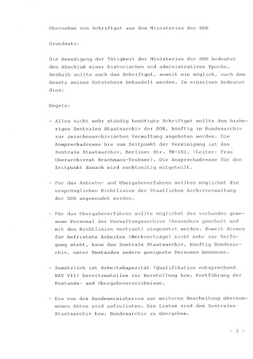 Festlegungen für die Übernahme von Schriftgut aus den Ministerien der DDR Seite 1